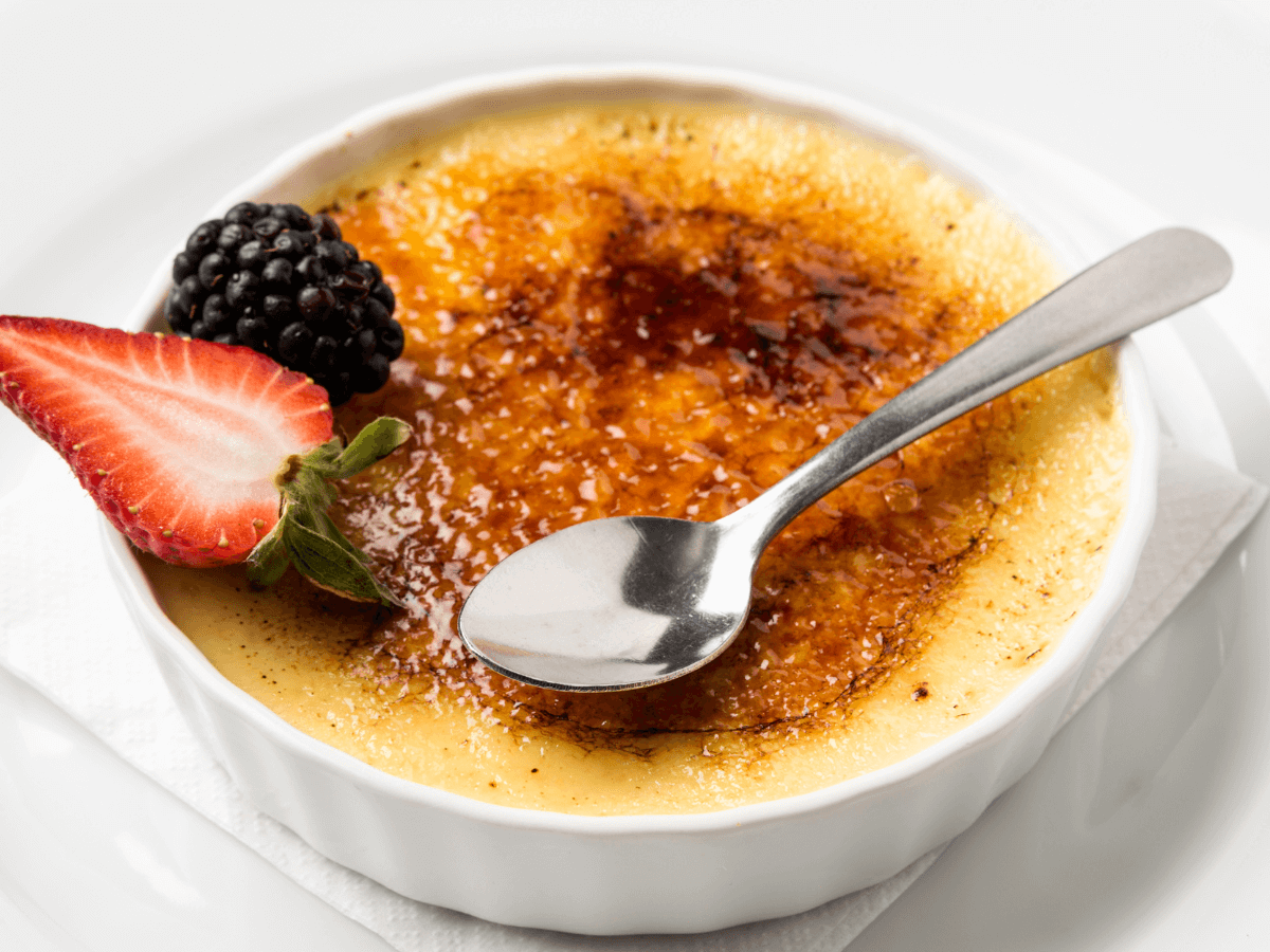 Crema Catalana with fresh fruit, soy free desert in Spain.