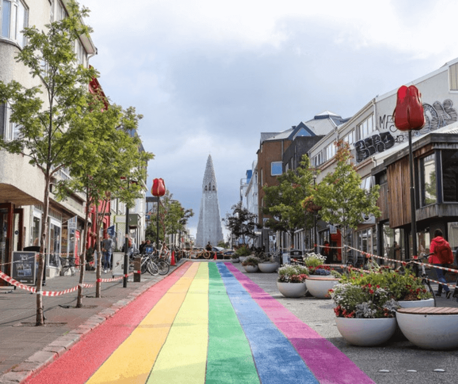 rainbow on street in Reykjavik, iceland
