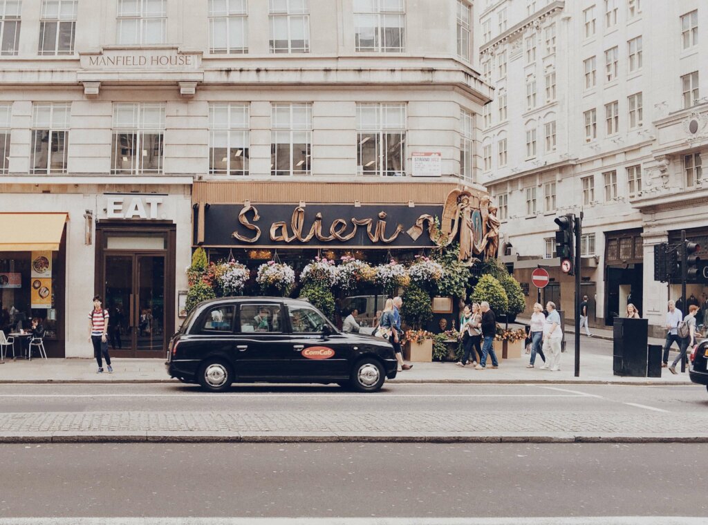 London with food allergies, photo of black car in front of restaurant in London, United Kingdom