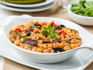 Arroz de Pato contains shredded duck, chourico, onions, wine, and rice.