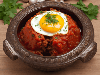 This dish contains peppers stuffed with a range of items from meat (pork or beef), rice, egg, onions, garlic, herbs and spices, all cooked with tomato sauce.