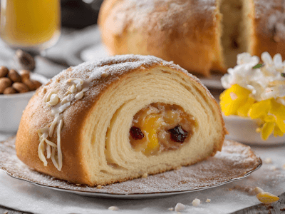 Pinca - This sweet roll is made from yeast dough, butter, eggs, lemon zest, candied fruit, rum, and Croatian wine. It is also brushed with egg wash as well as sugar and chopped almonds and hazelnuts. 