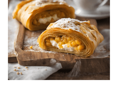 Bučnica -This is a savory strudel with pumpkin, cottage cheese, sour cream, butter, and eggs all wrapped up in a phyllo dough. 