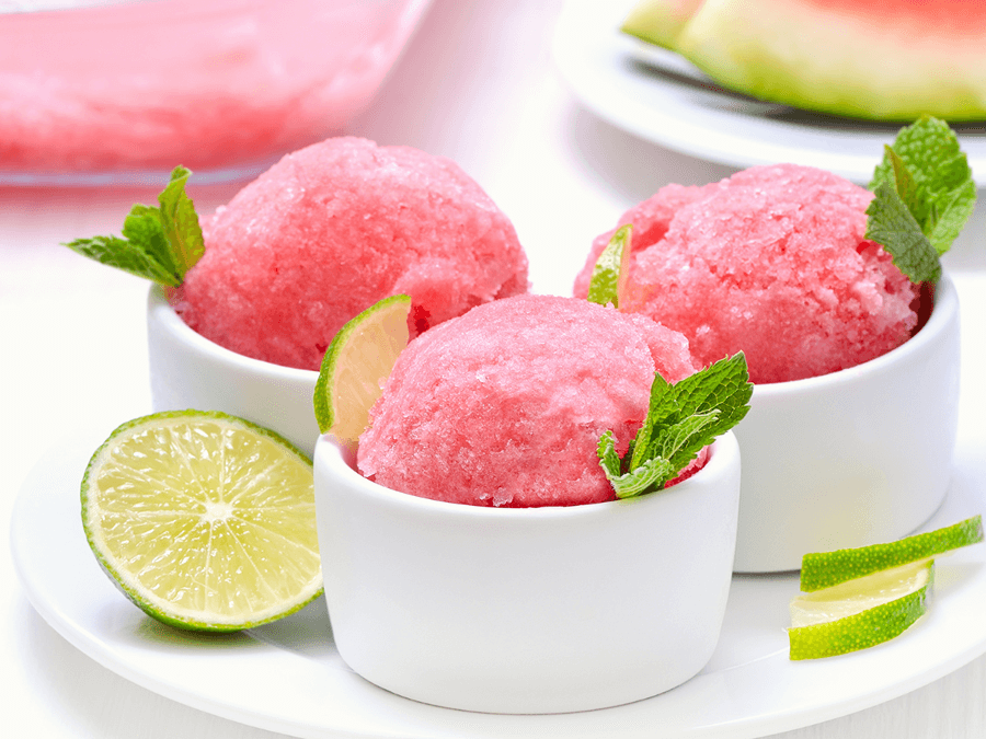 freshly made watermelon and lime dairy free sorbet in italy.