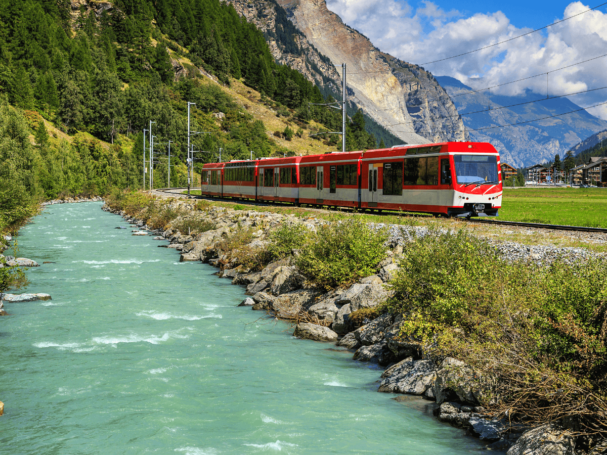  Electric red tourist train in europe overlooking in Switzerland,Europe.
