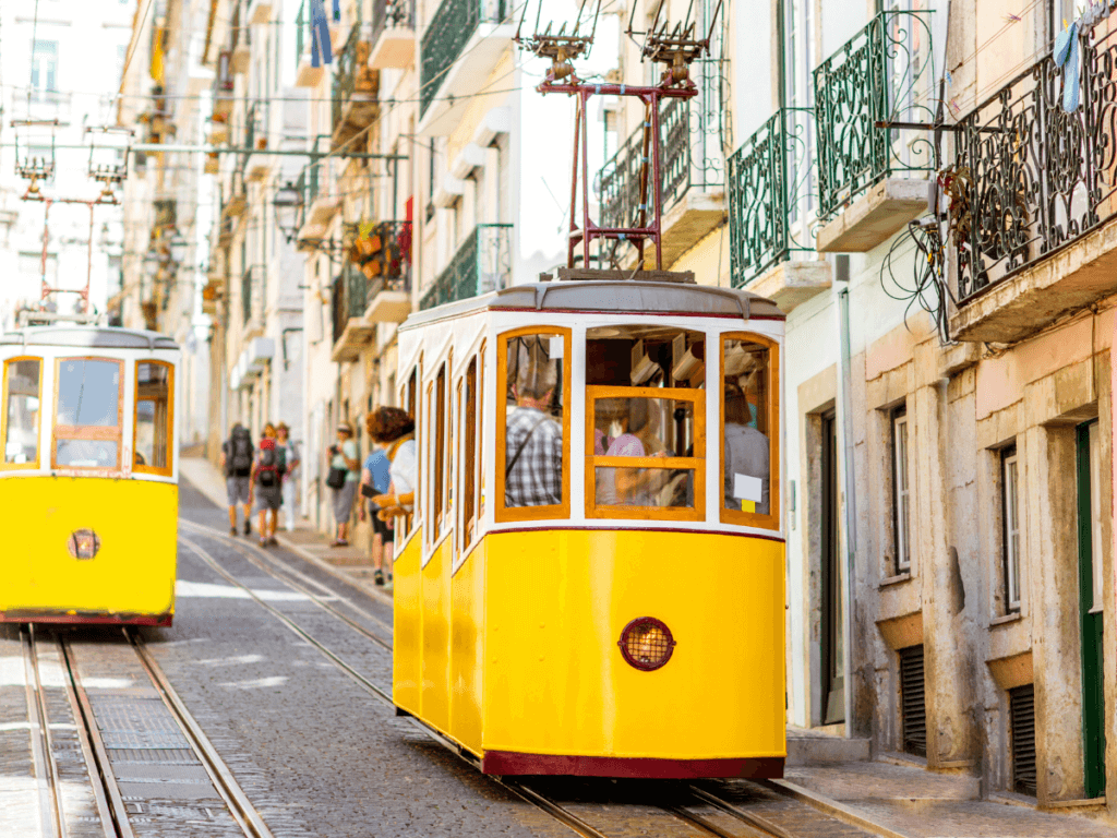 street view with yellow tram in Lisbon while traveling dairy free