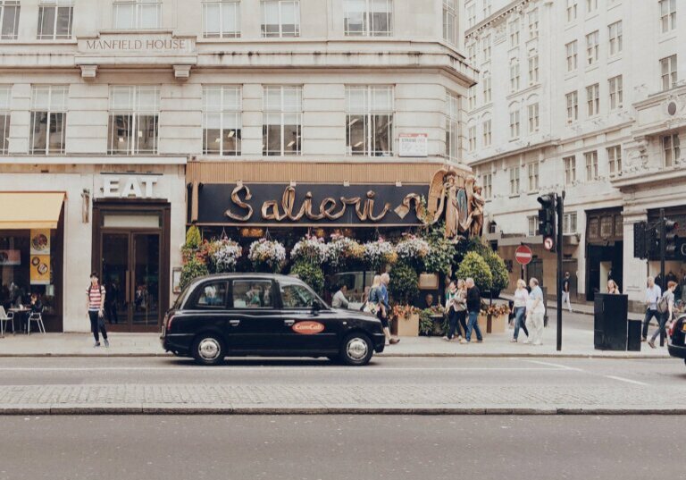 London with food allergies, photo of black car in front of restaurant in London, United Kingdom